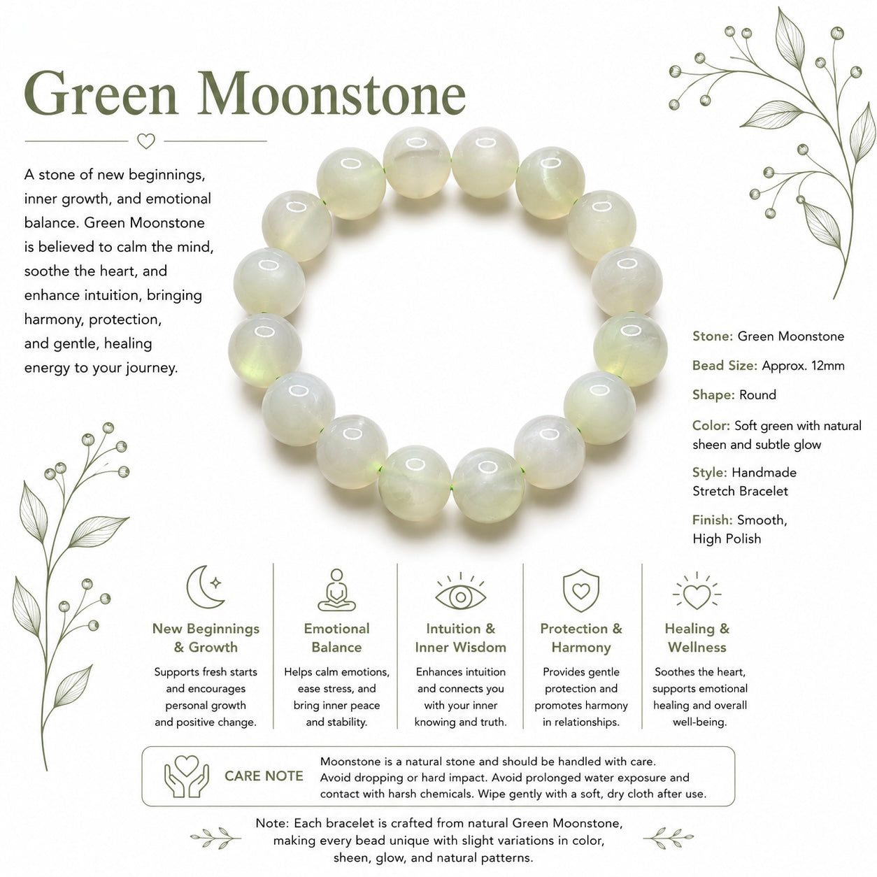 Natural Green Moonstone Bracelet ( 12mm )