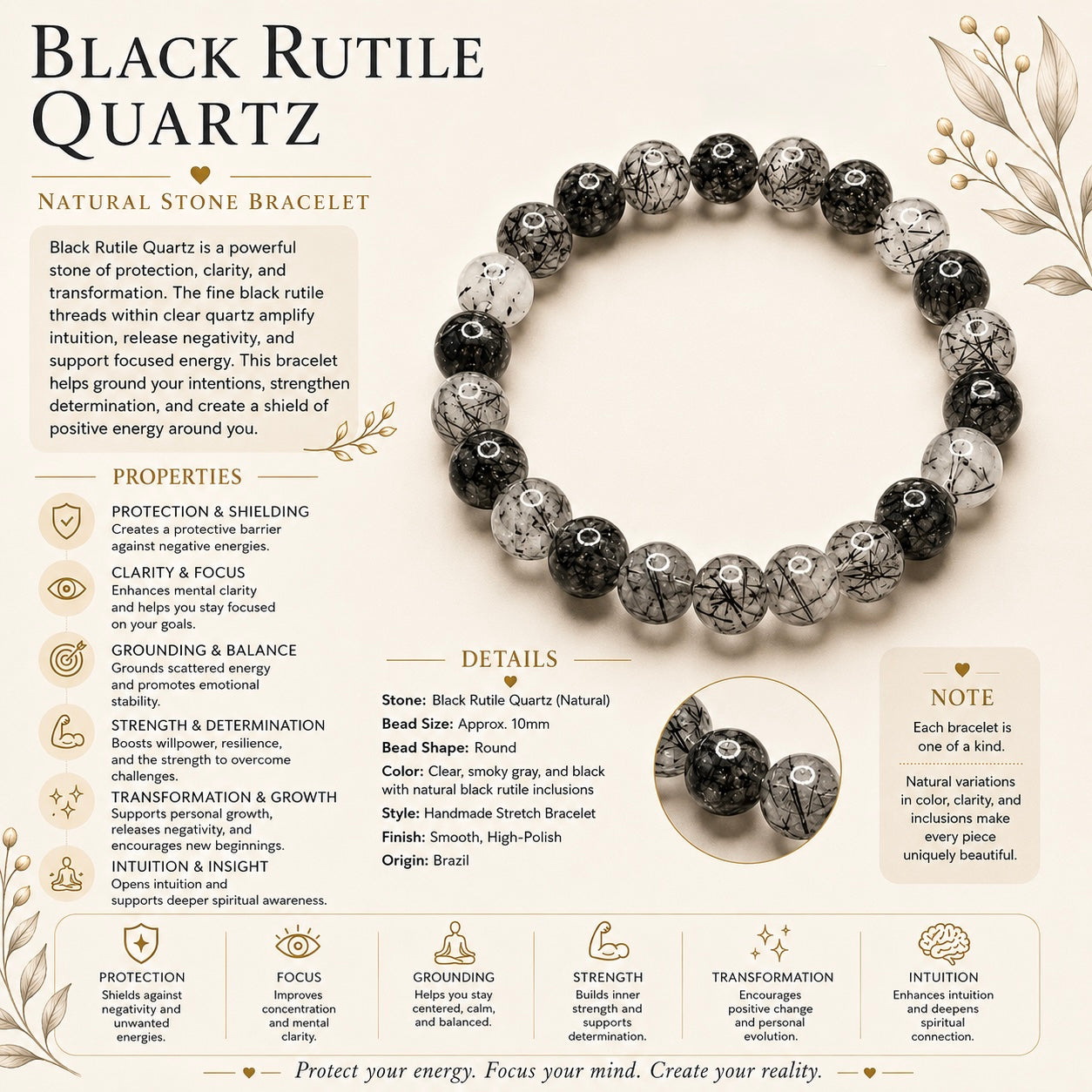Natural Black Rutile Quartz ( 10mm )