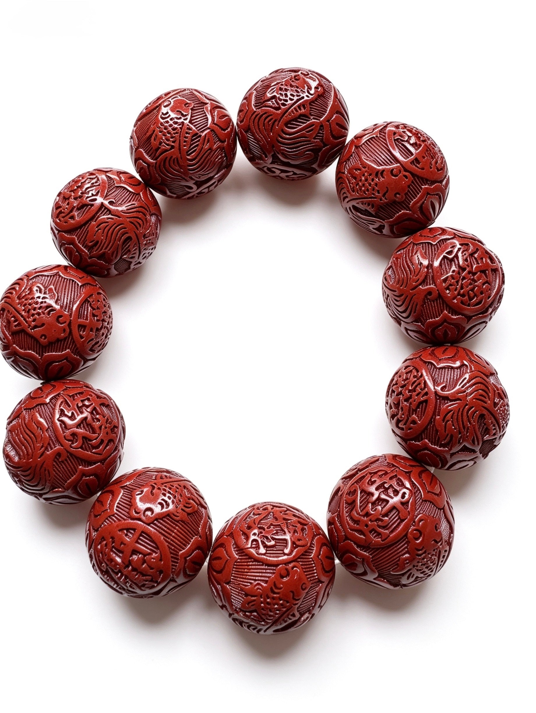 Natural Hand-Carved Cinnabar Longevity & Prosperity Bracelet ( 18mm )