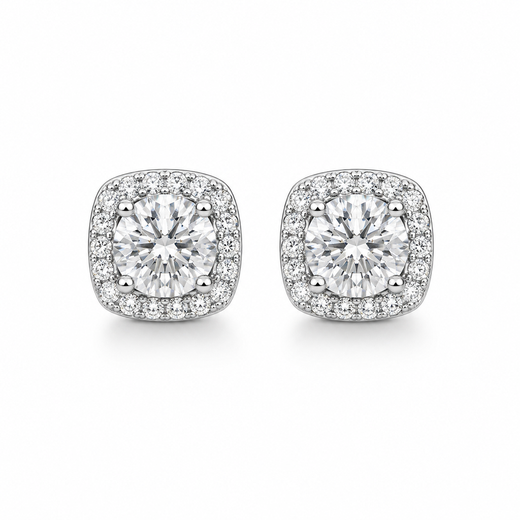 1CT Round Cut Moissanite Halo Stud Earrings – Classic Pavé Setting