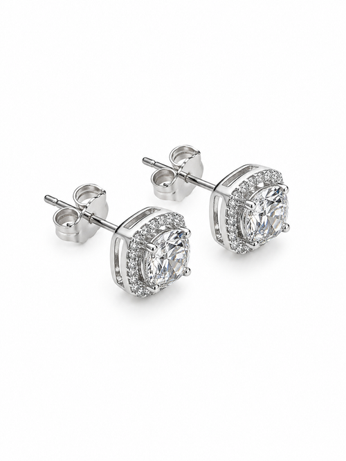 1CT Round Cut Moissanite Halo Stud Earrings – Classic Pavé Setting