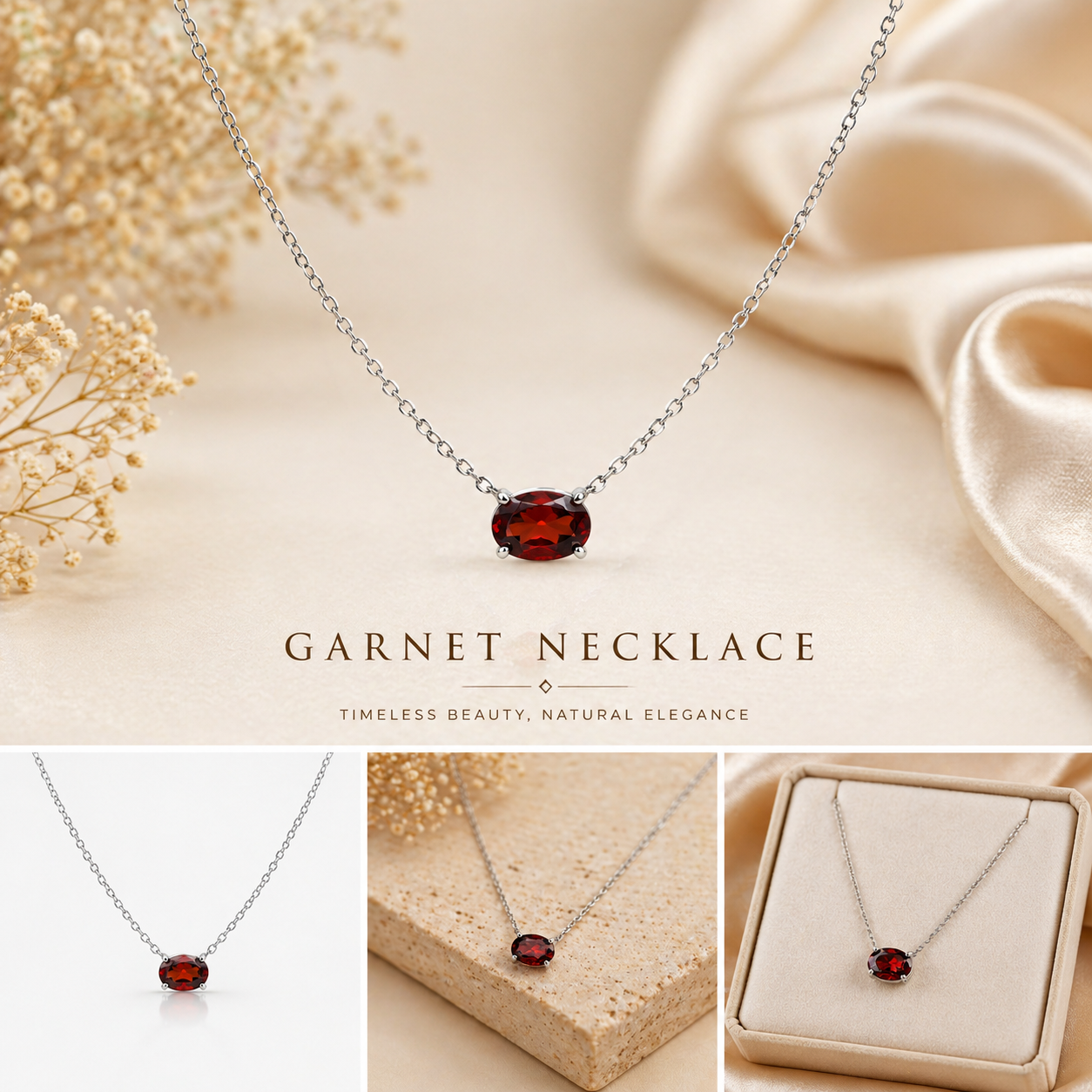 Natural Garnet Solitaire Necklace | 925 Sterling Silver | 5x7mm Oval Garnet Pendant | January Birthstone Jewelry
