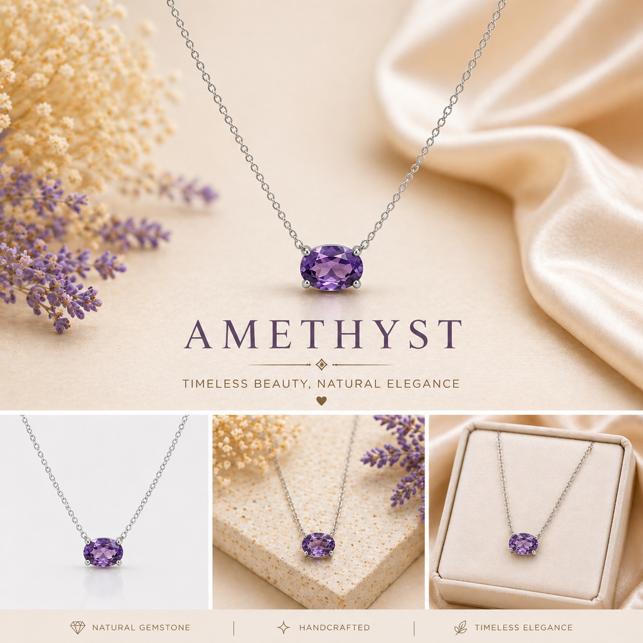Natural Amethyst Solitaire Necklace | 925 Sterling Silver | 5x7mm Oval Amethyst Pendant | February Birthstone Jewelry