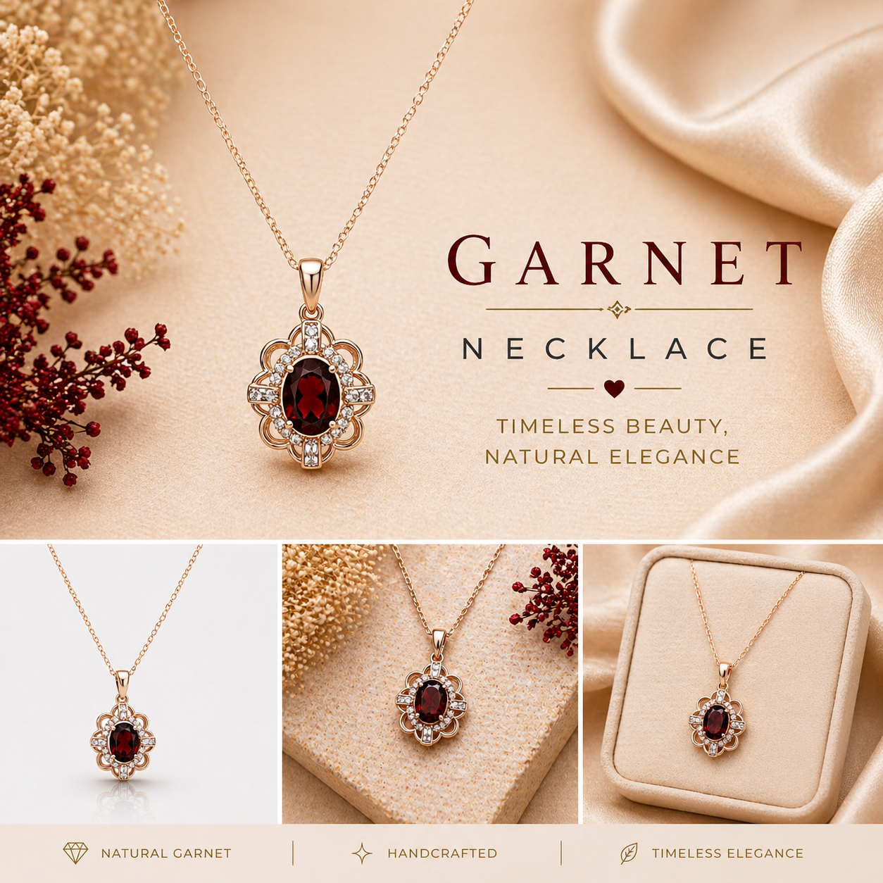 Natural Garnet Necklace ( Rose gold plated )