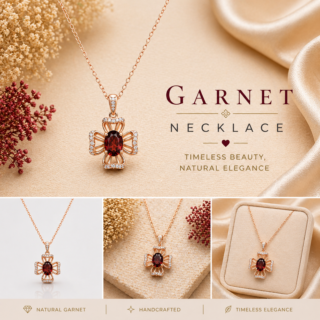 Natural Garnet Necklace ( Rose Gold plated )