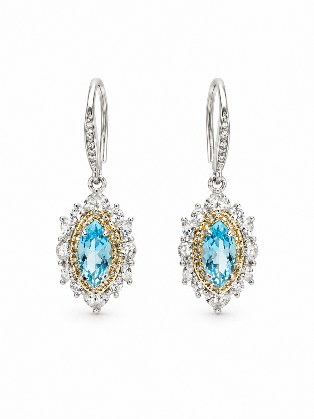 Blue Topaz Halo Drop Earrings in 925 Sterling Silver