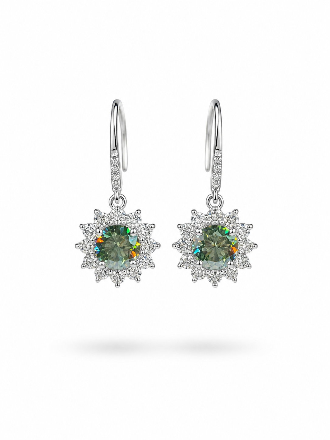 1CT Dark Green Moissanite Halo Drop Earrings in 925 Sterling Silver