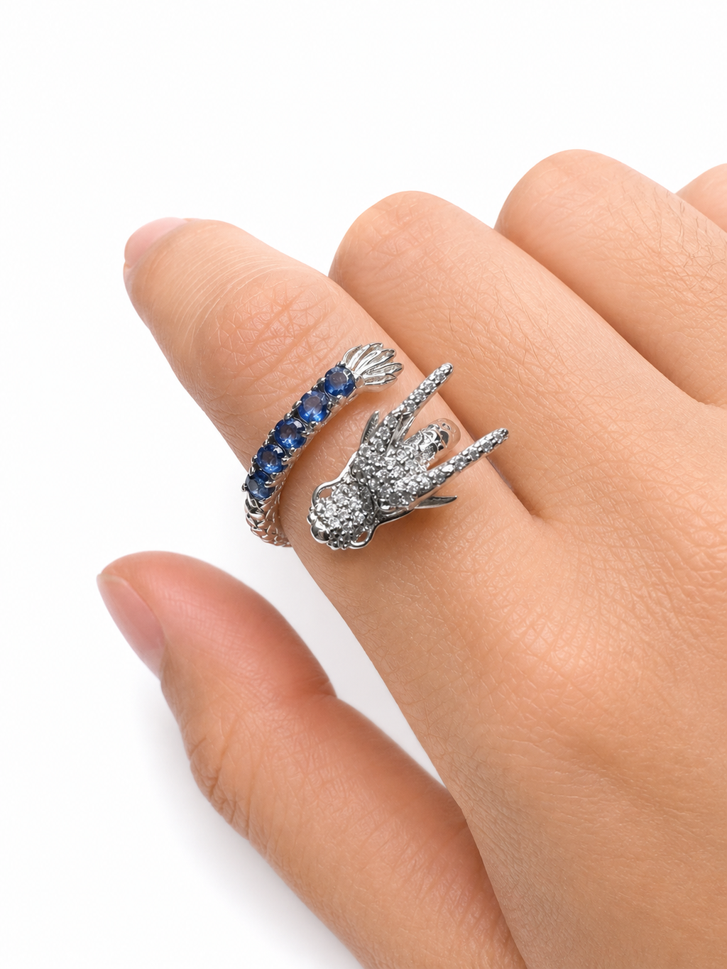 Natural Blue Sapphire Dragon Wrap Ring – 925 Sterling Silver Adjustable Fantasy Statement Ring