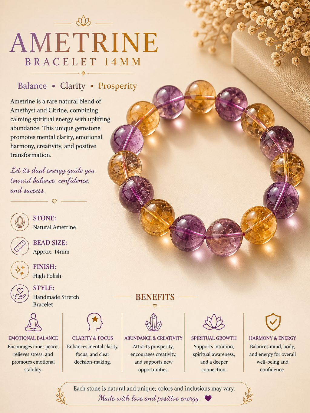 Natural Ametrine bracelet ( 14mm )