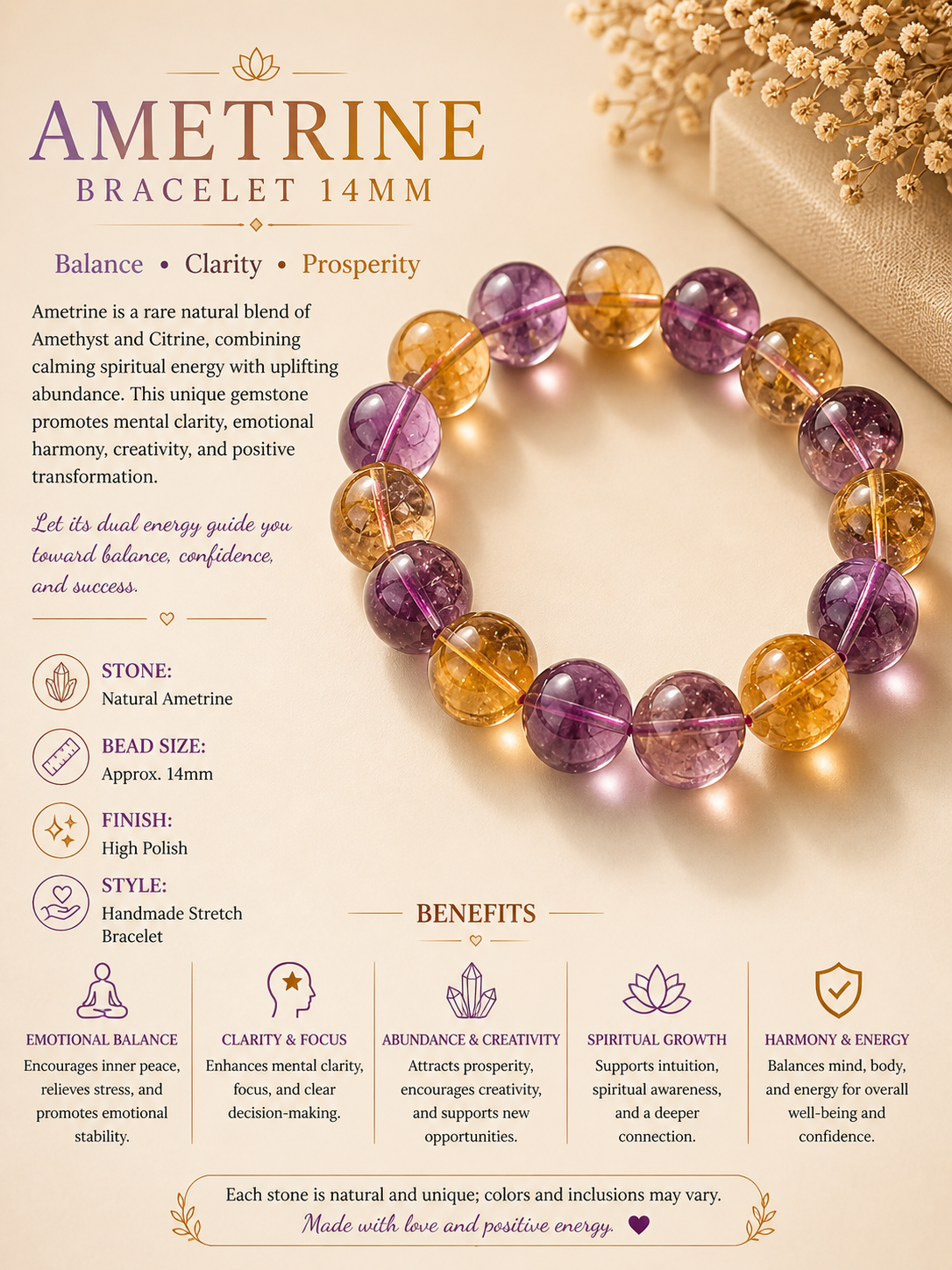 Natural Ametrine bracelet ( 14mm )