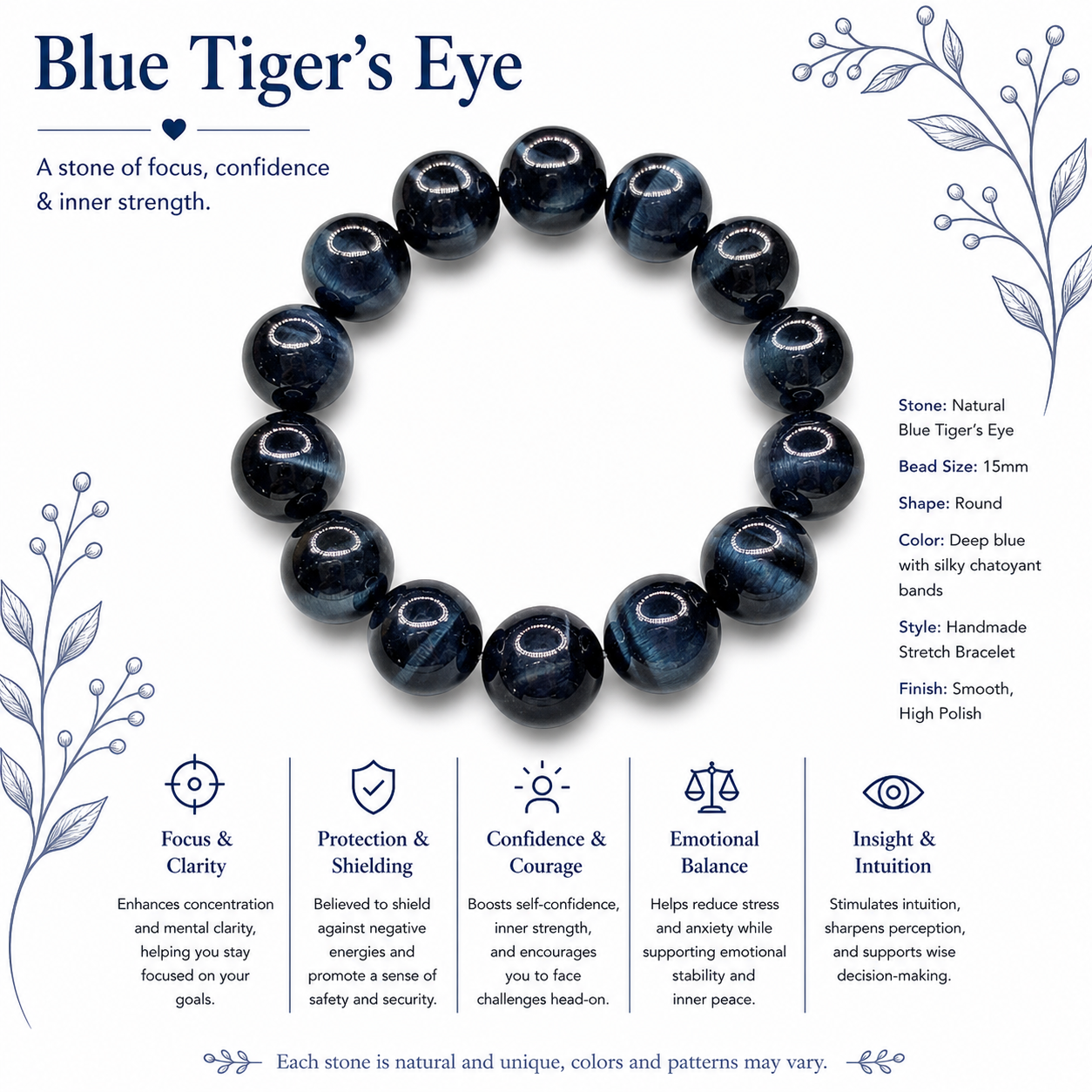 Natural Blue Tigers Eye ( 15mm )