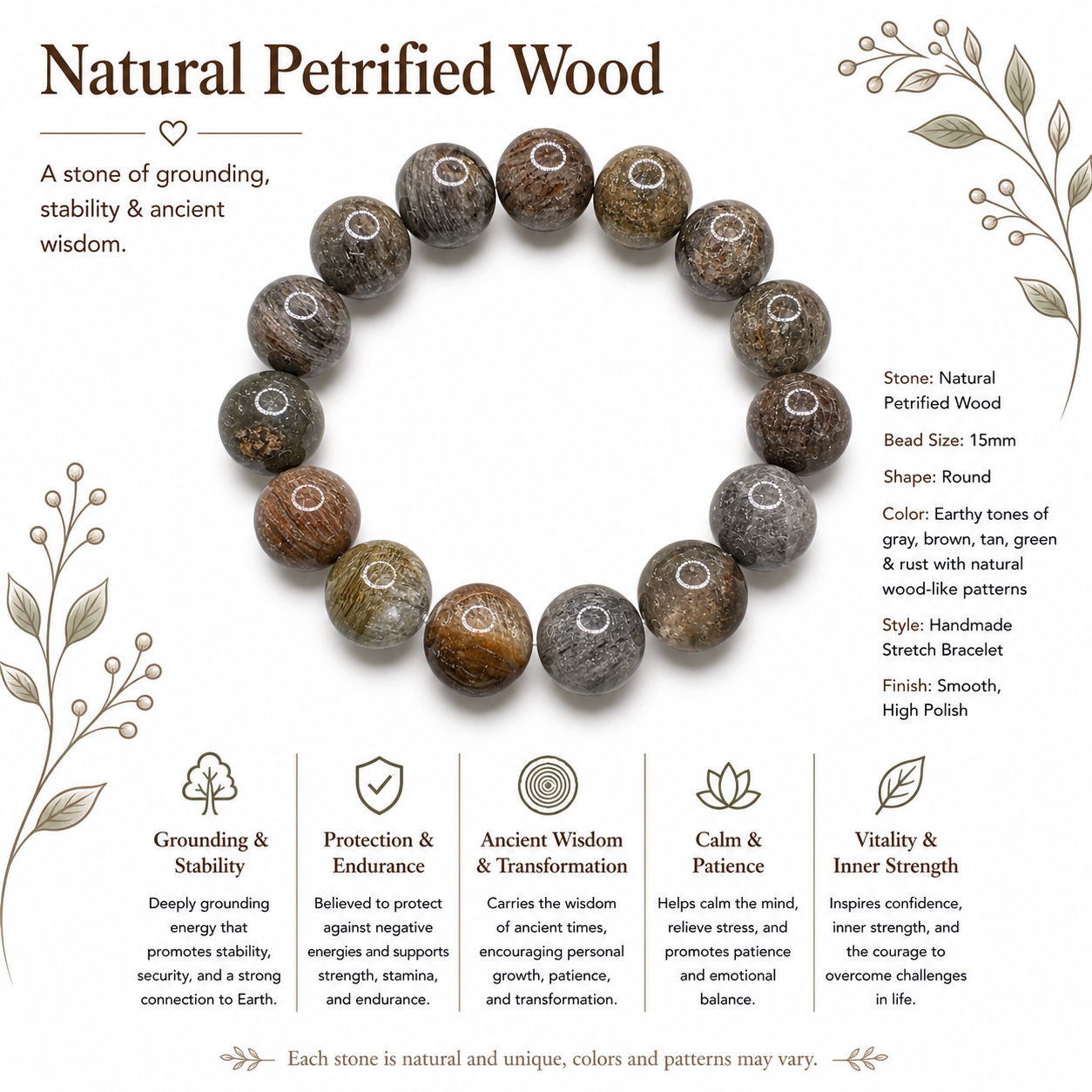 Natural Petrified Wood Bracelet ( 14mm )