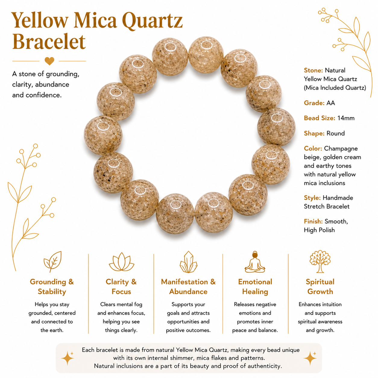 Natural Yellow Mica Quartz ( 14mm )