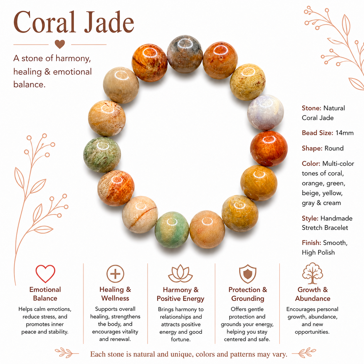 Natural Coral Jade Bracelet ( 14mm )