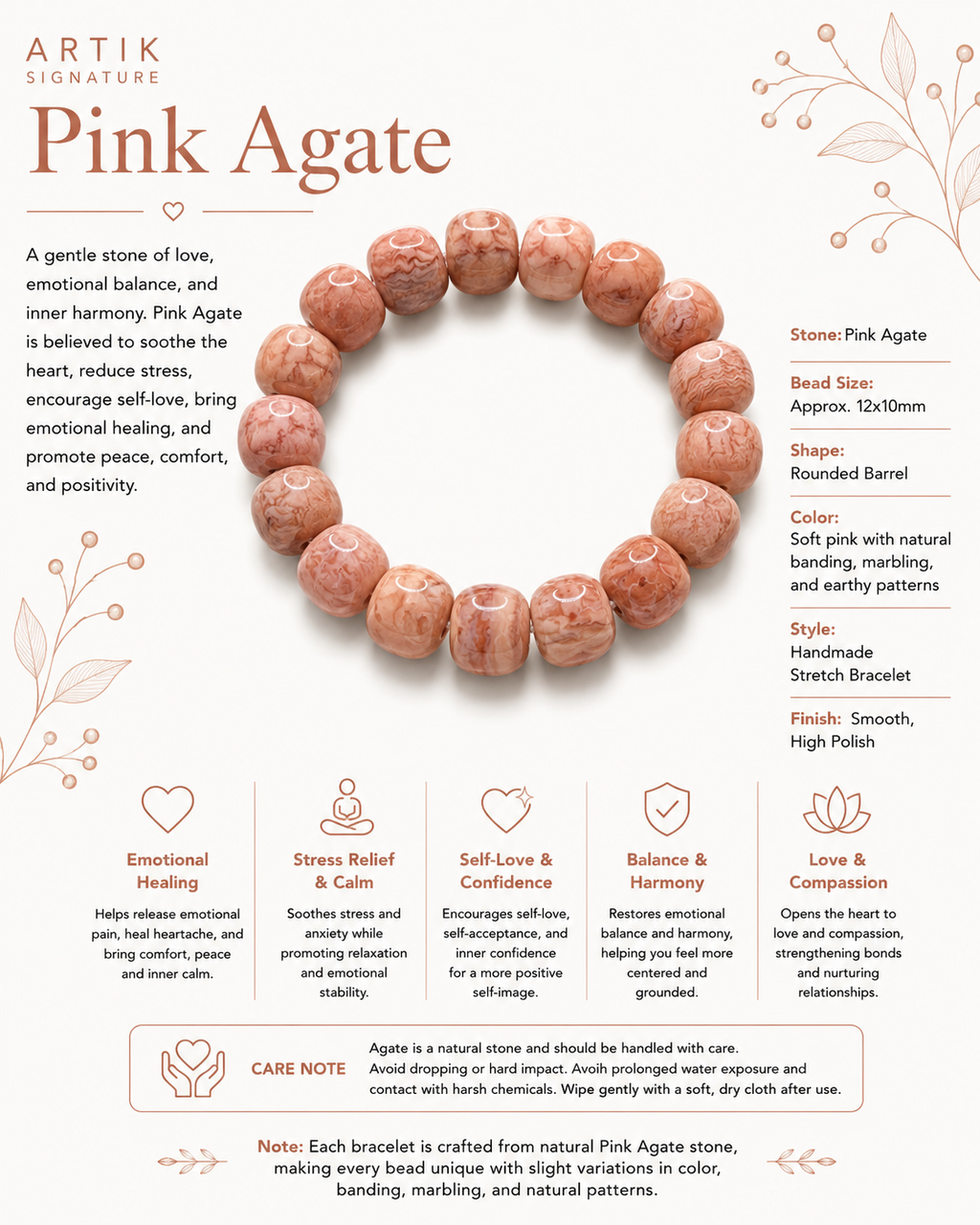 Natural Pink Agate Bracelet ( 12x10mm )
