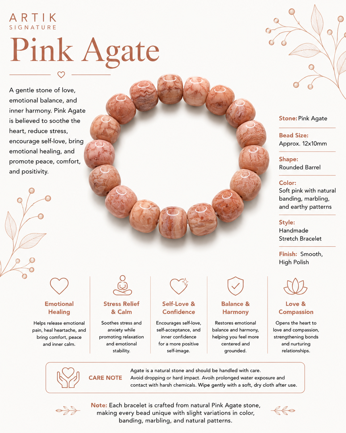 Natural Pink Agate Bracelet ( 12x10mm )