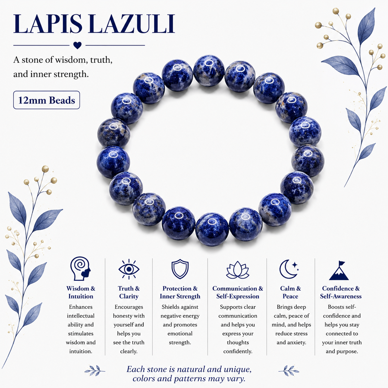 Natural Lapis Lazuli Bracelet ( 12mm )