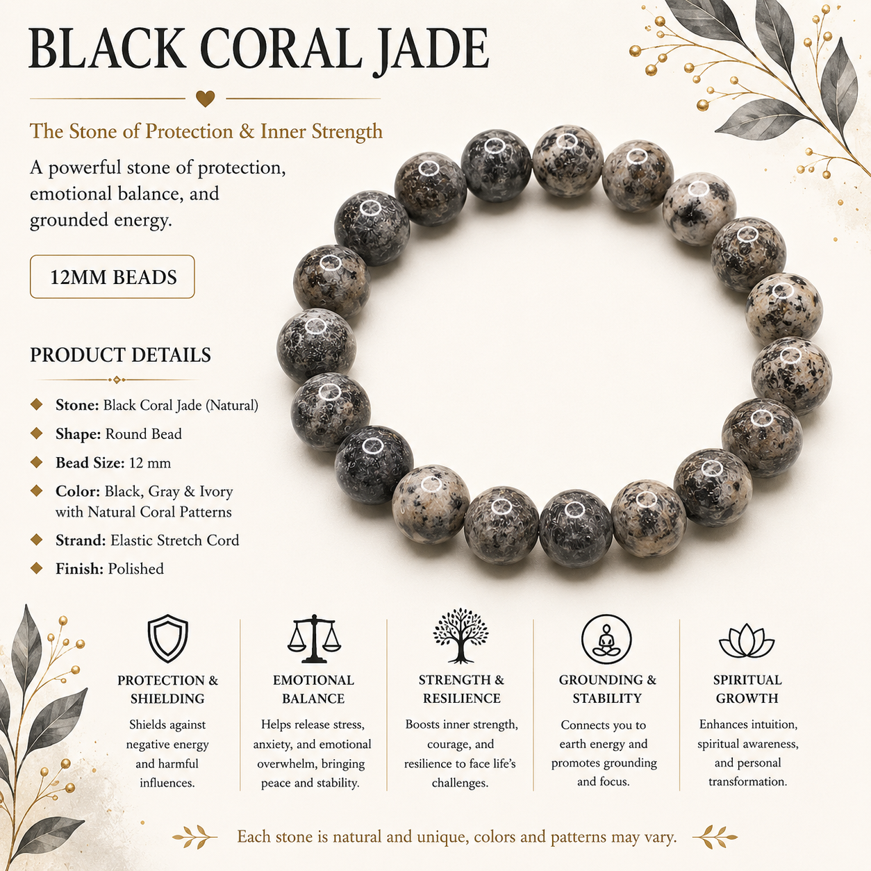 Natural Black Coral Jade Bracelet ( 12mm )