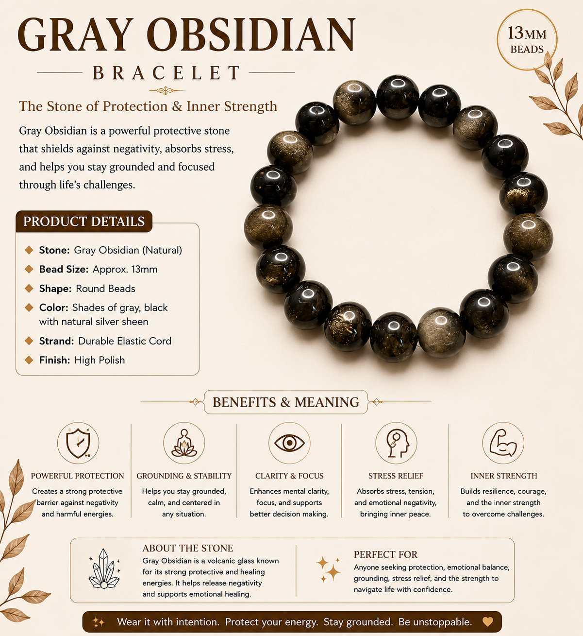 Natural Gray Obsidian Bracelet ( 12mm )