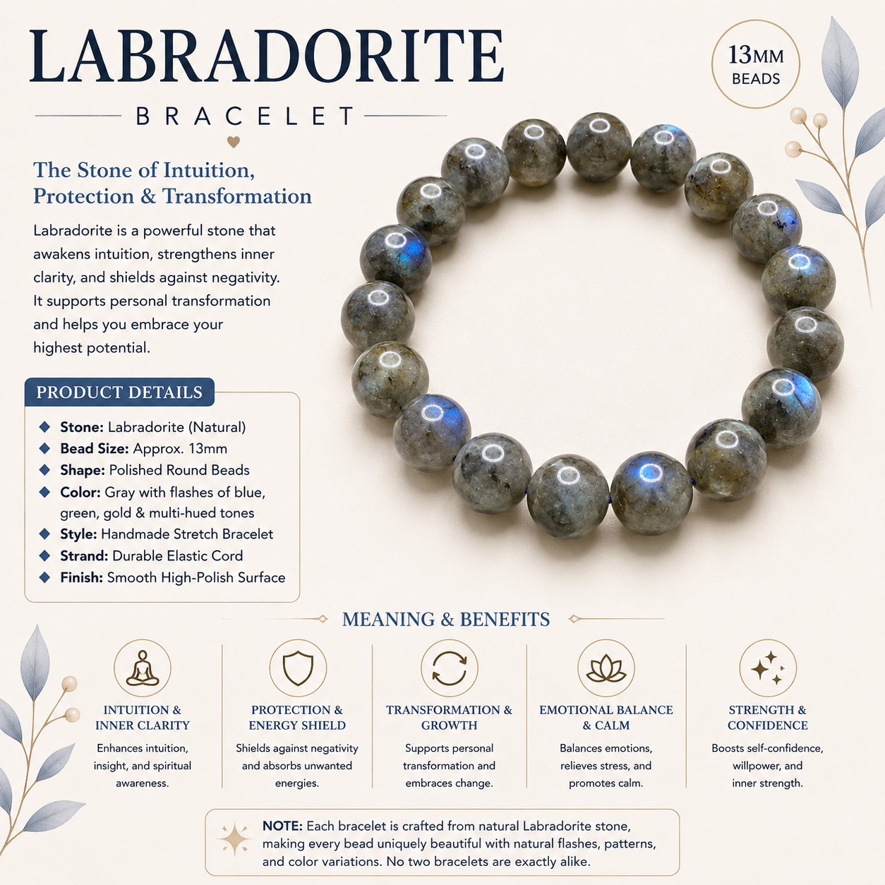 Natural Labradorite Bracelet ( 12mm )