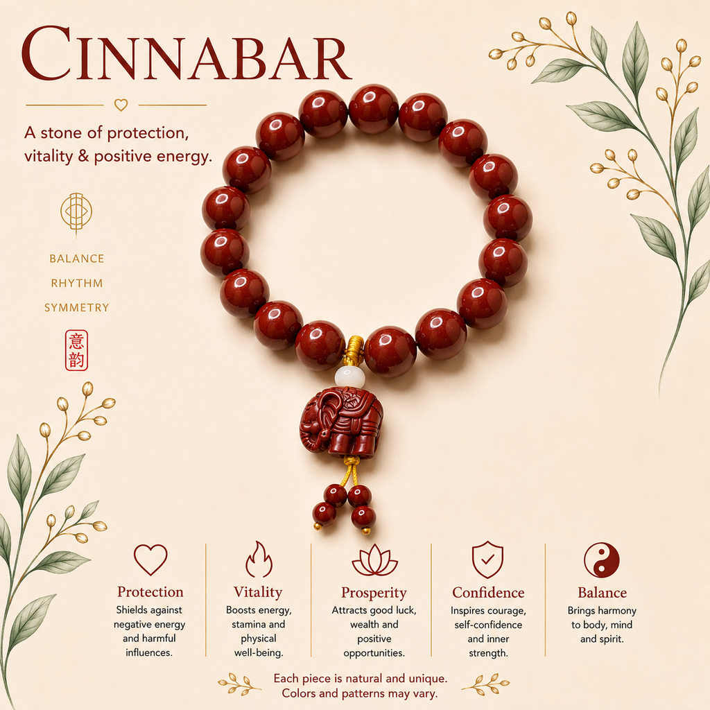 Natural Cinnabar  Elephant Charm Bracelet ( 10mm )