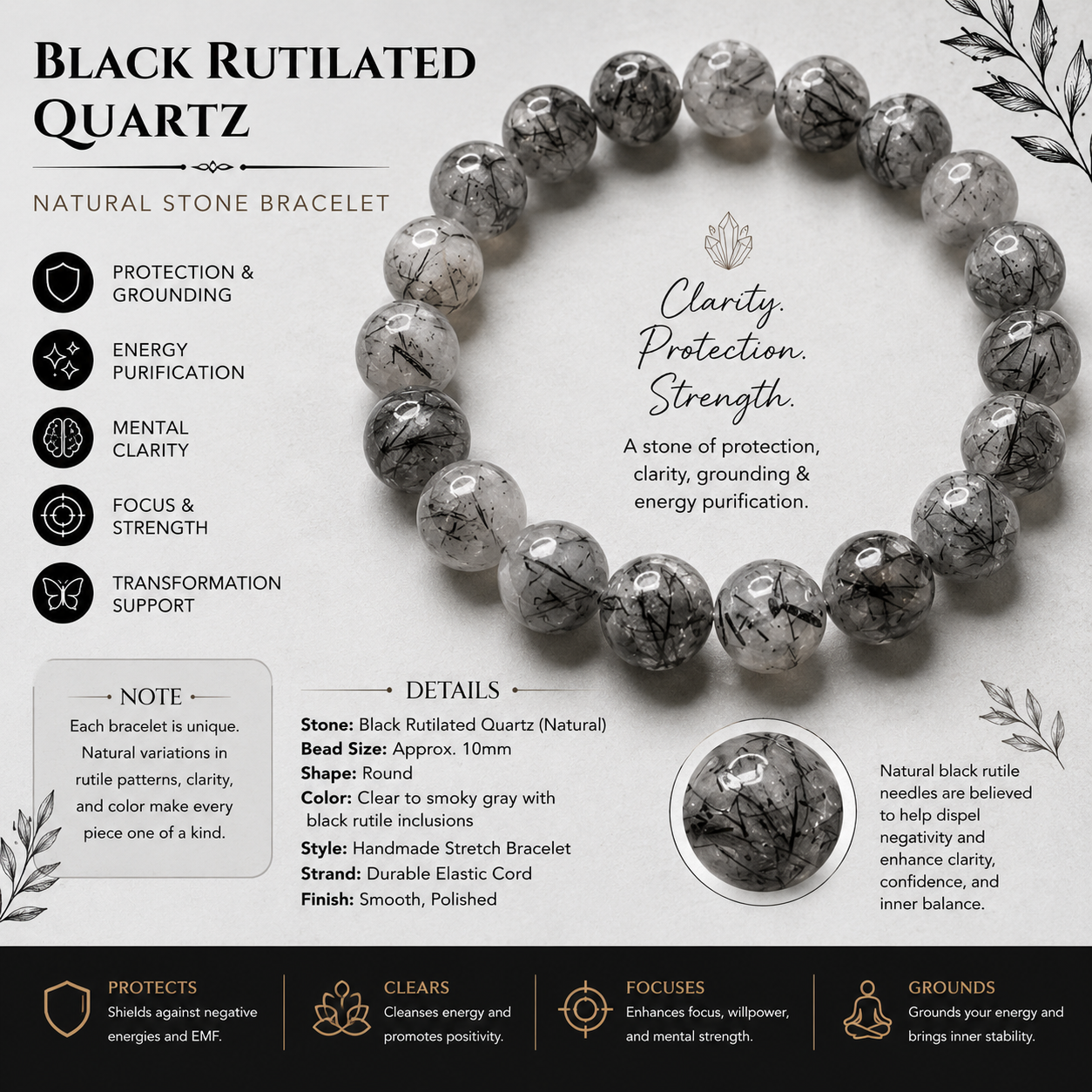 Natural Black Rutile Bracelet ( 10mm )