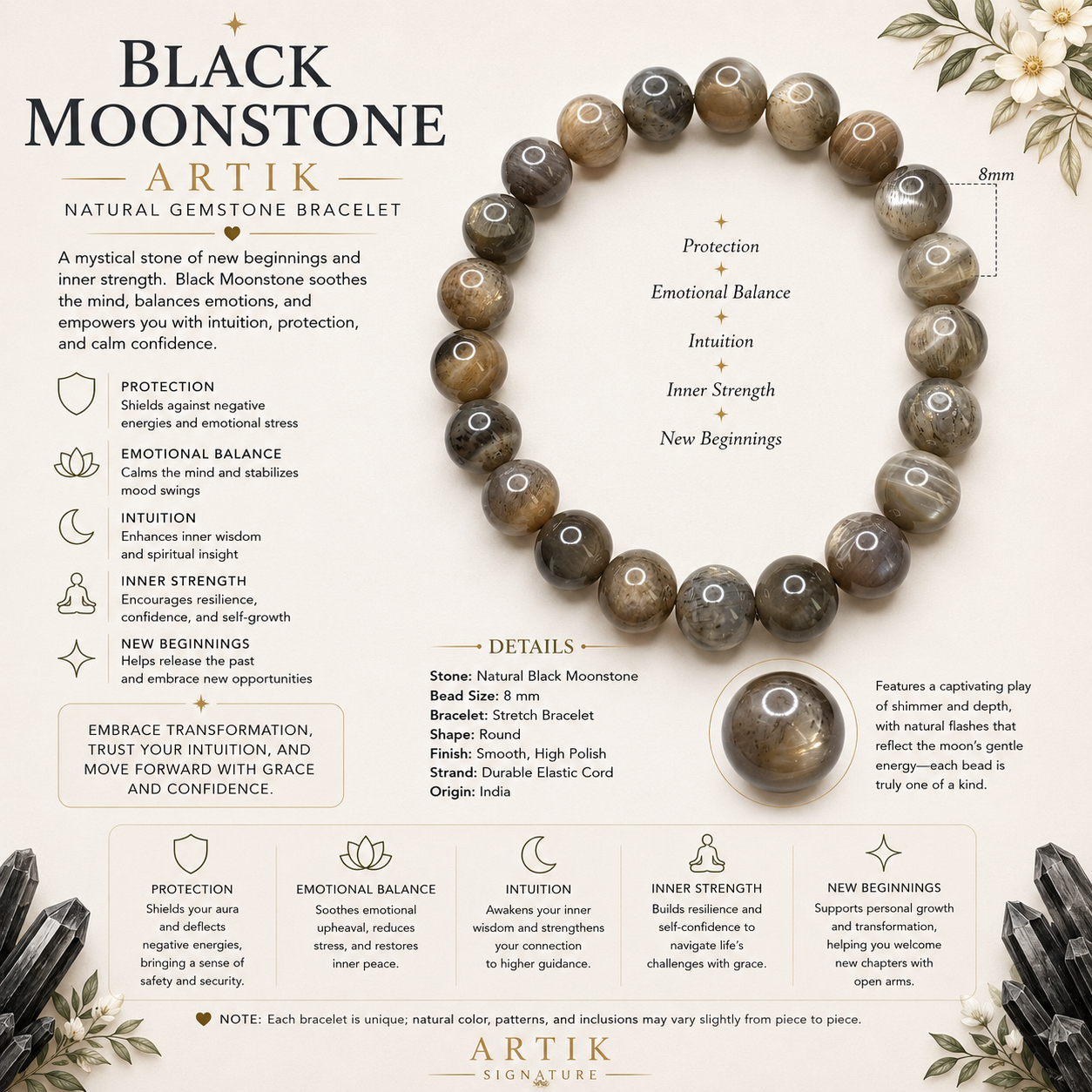 Natural Black Moonstone Bracelet ( 12mm )