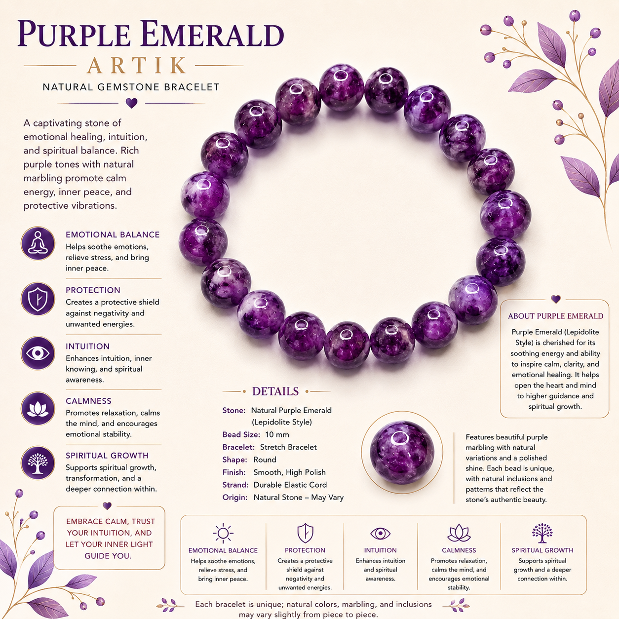 Natural Purple Emerald Bracelet ( 11mm )
