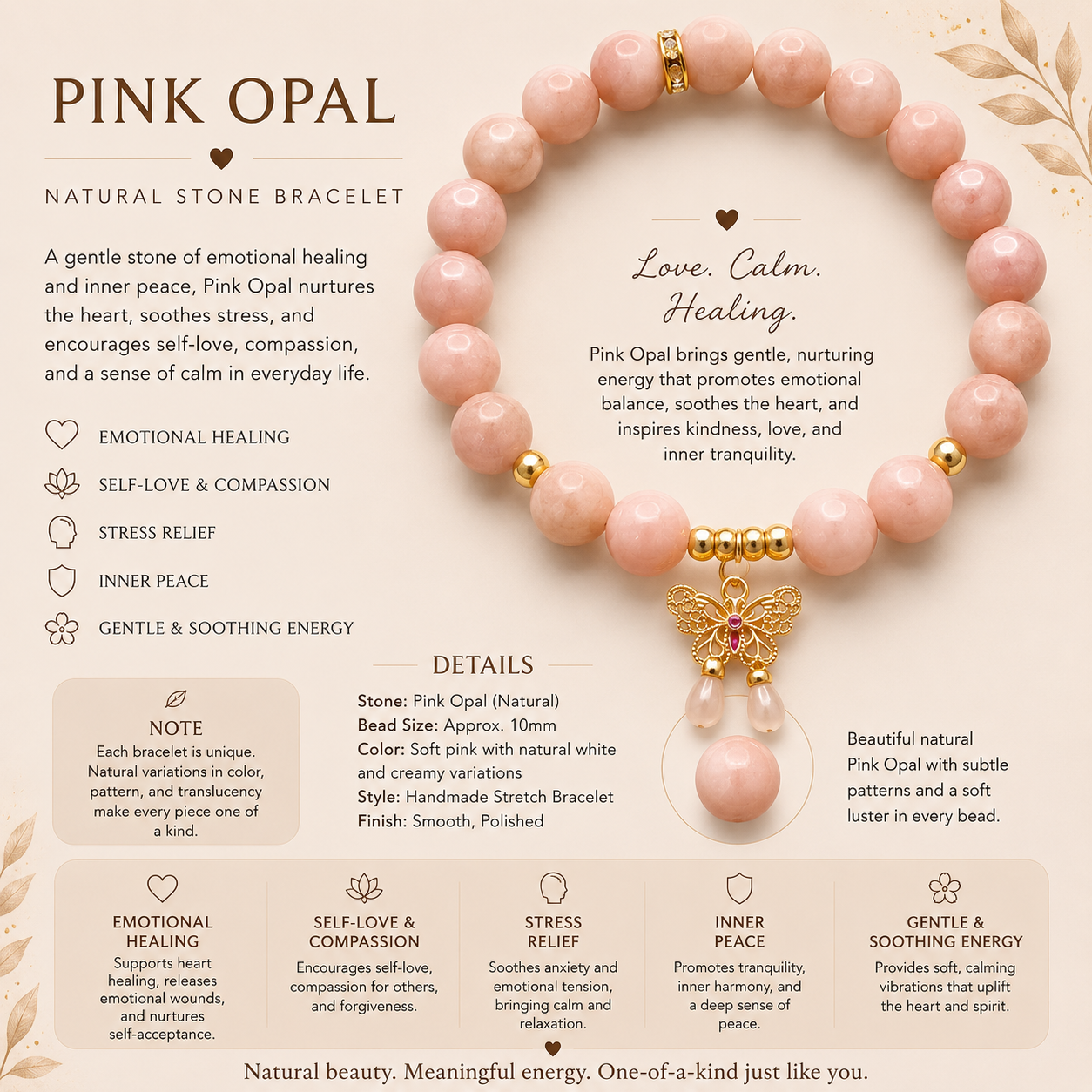 Natural Pink Opal Bracelet ( 10mm )