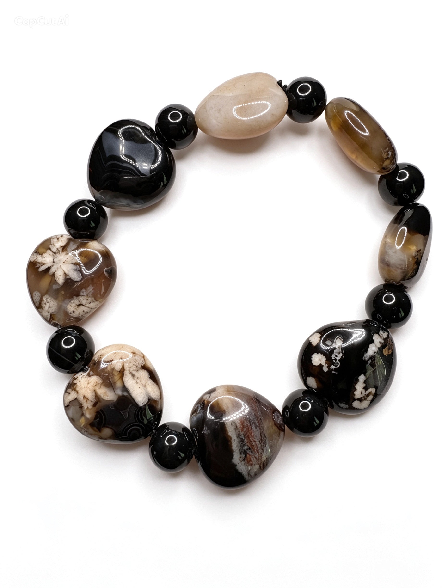 Natural Black Flower Agate Heart Shaped Bracelet