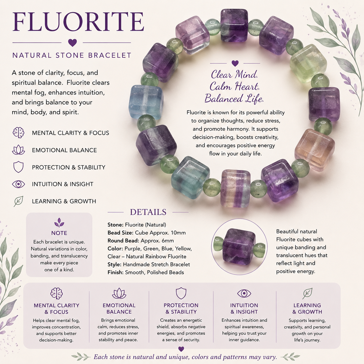 Natural Fluorite Cube Bracelet ( 10mm )