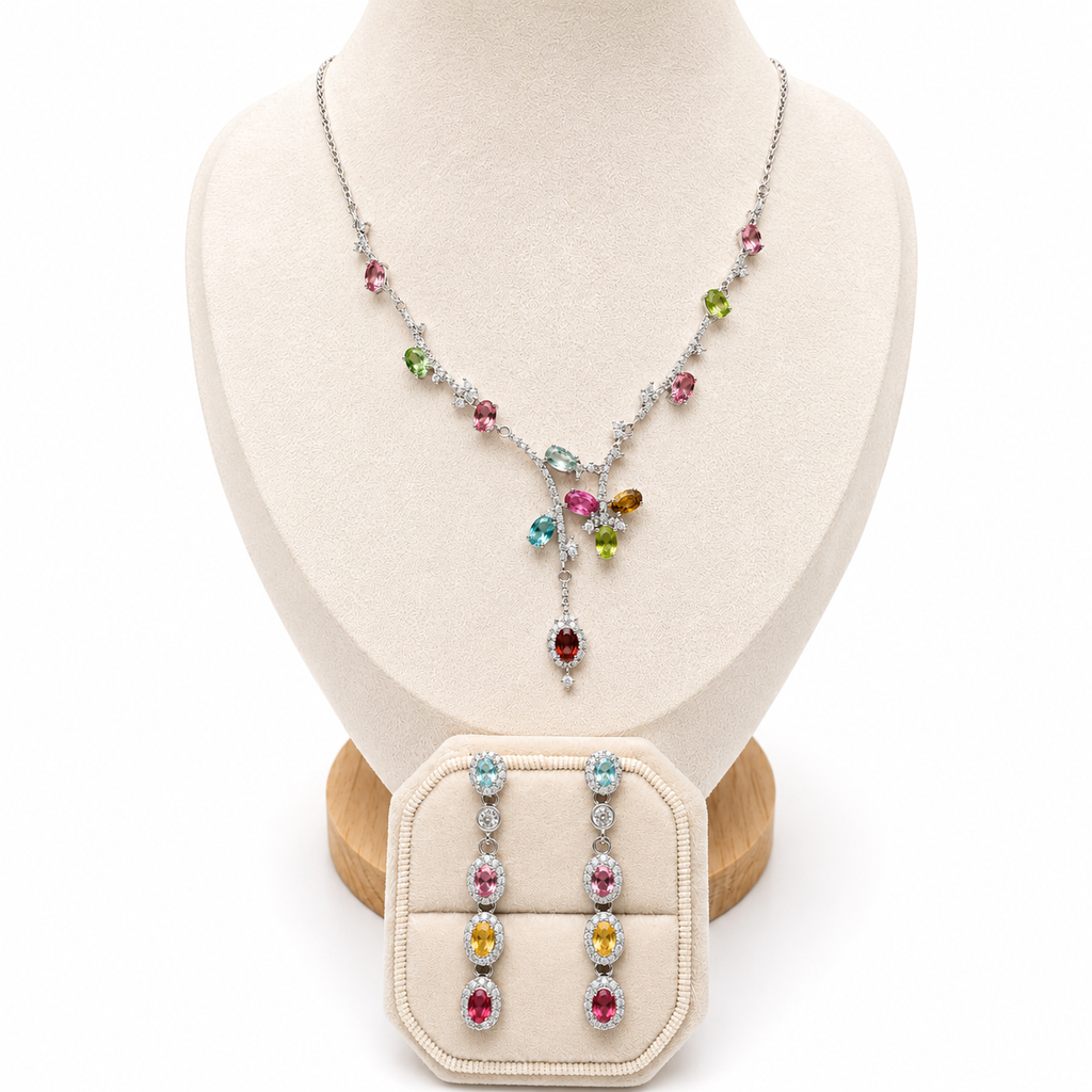 Natural Multicolor Tourmaline Floral Drop Necklace | 925 Sterling Silver