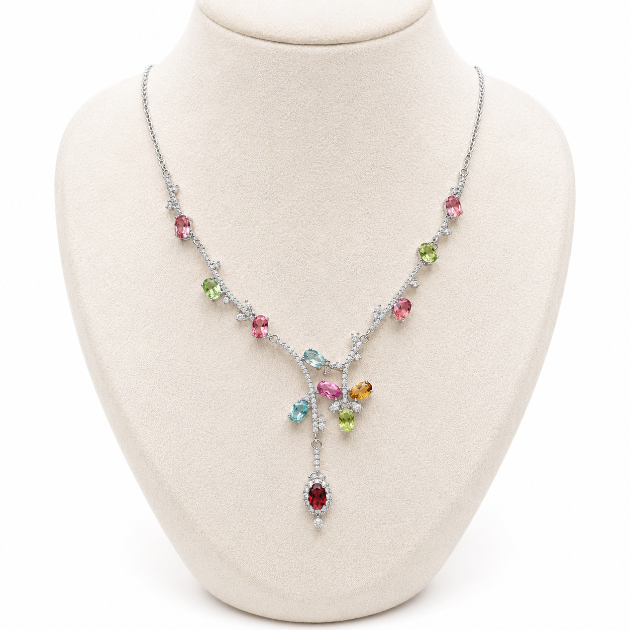 Natural Multicolor Tourmaline Floral Drop Necklace | 925 Sterling Silver