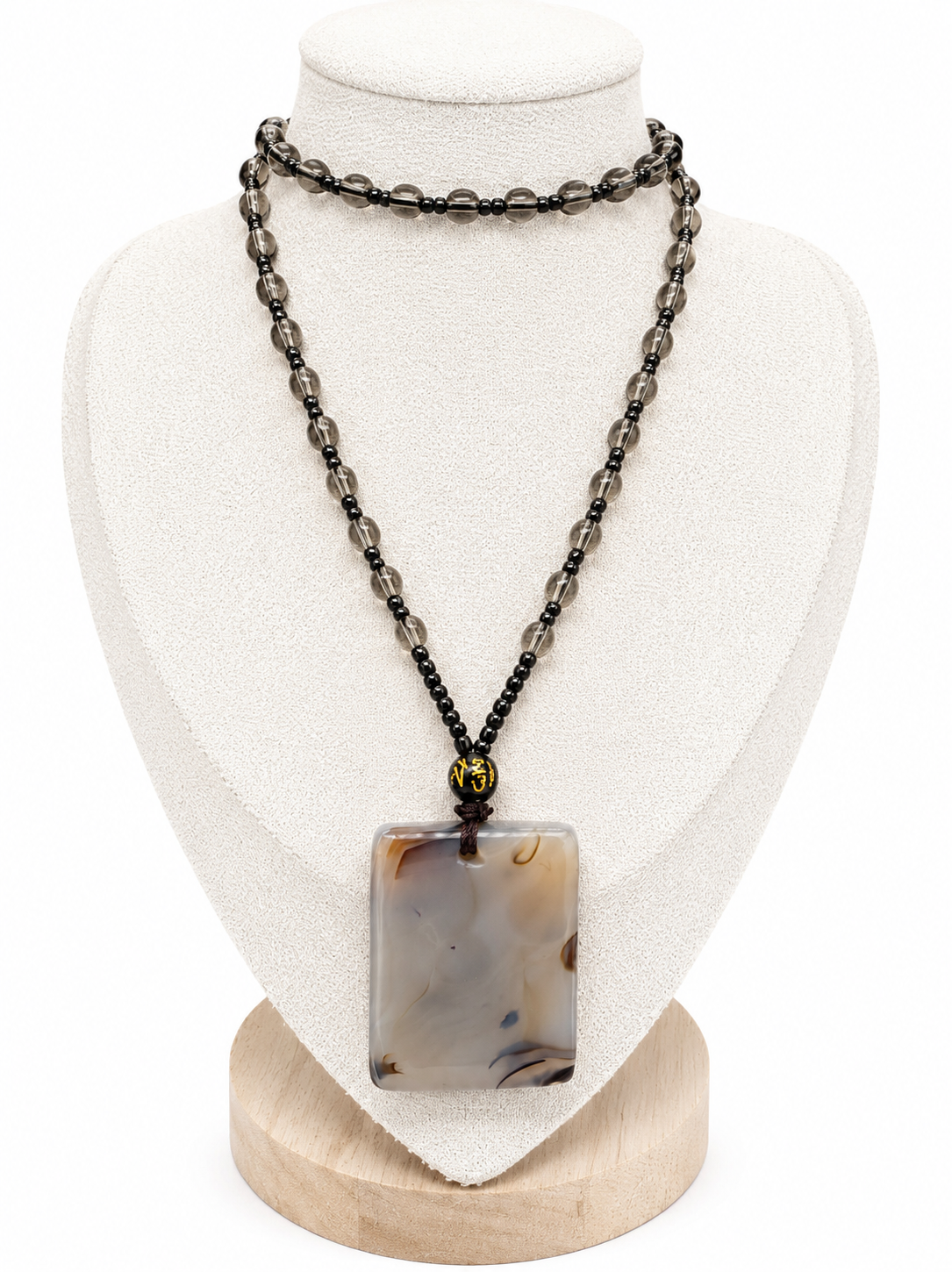Natural Agate Pendant Necklace with Smokey Quartz Beads
