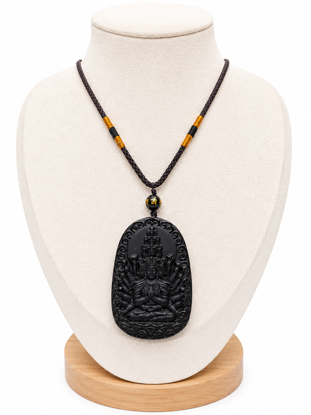 Black Obsidian Thousand-Hand Bodhisattva Pendant Necklace