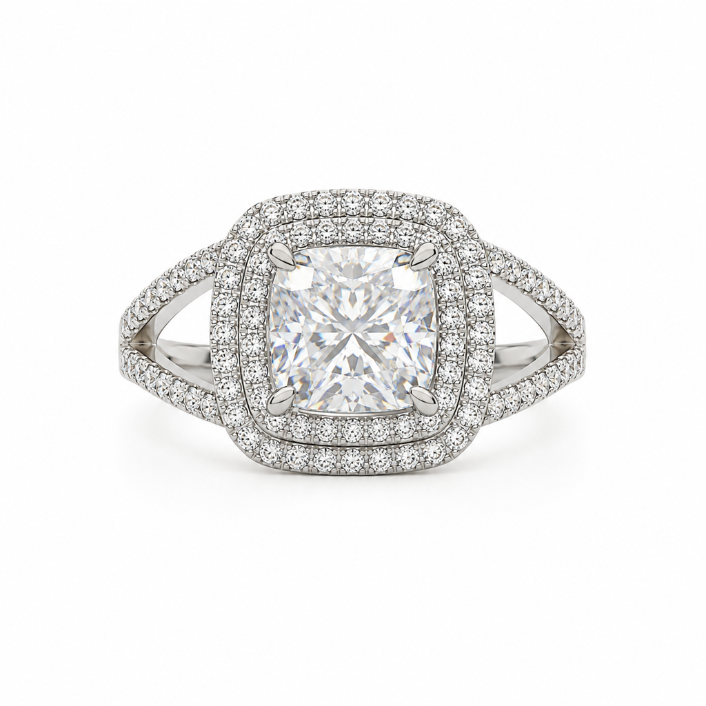 Cushion-cut Moissanite Halo Split Band Ring