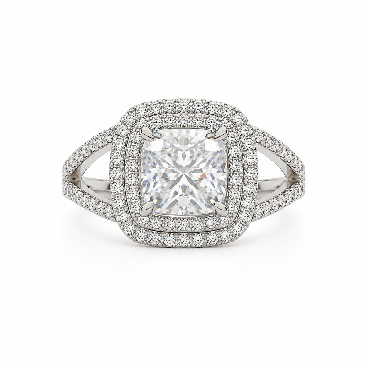 Cushion-cut Moissanite Halo Split Band Ring