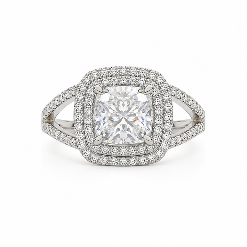2CT Cushion-cut Moissanite Halo Split Band Ring