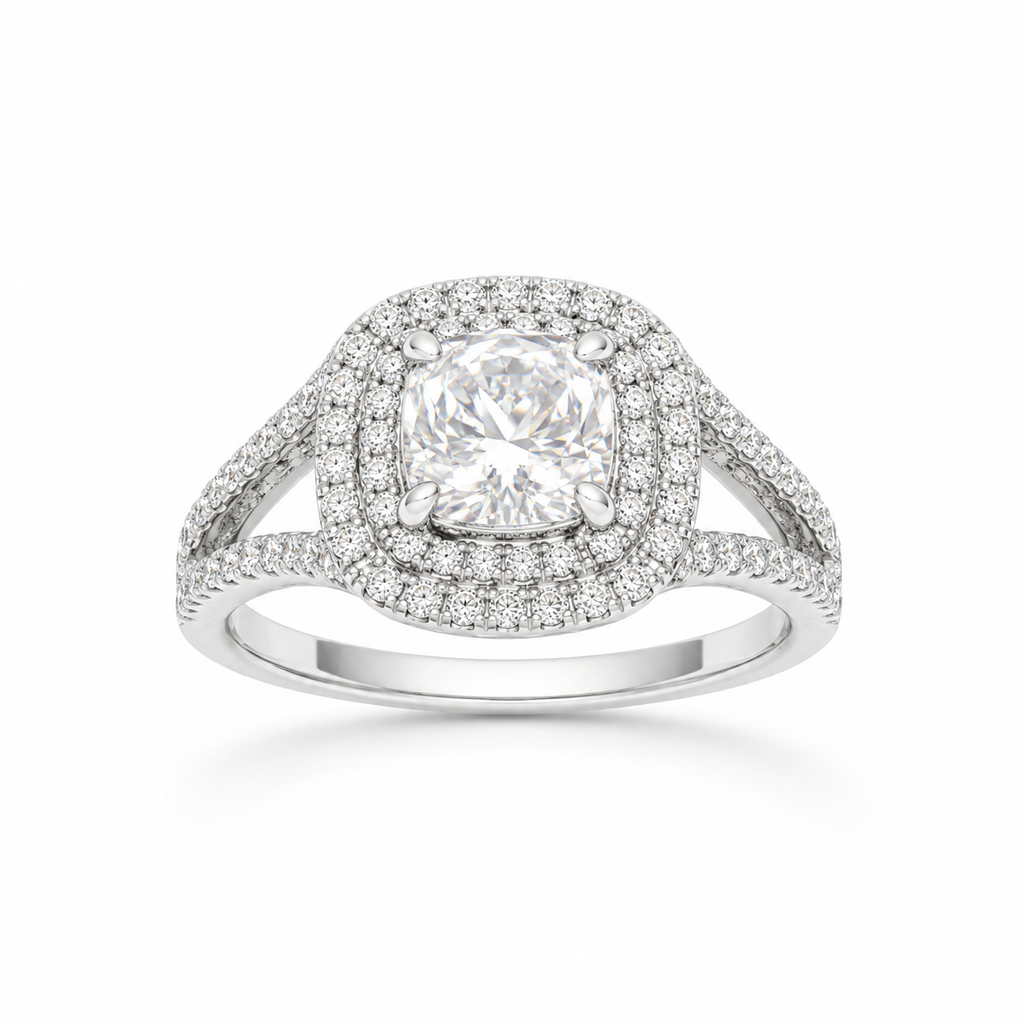 Cushion-cut Moissanite Halo Split Band Ring