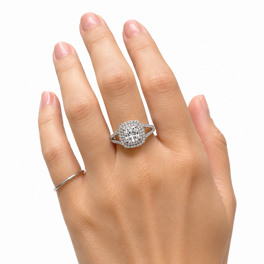 Cushion-cut Moissanite Halo Split Band Ring