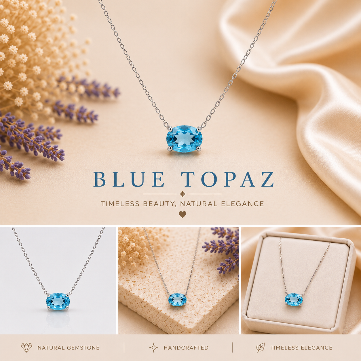 Natural Blue Topaz Solitaire Necklace | 925 Sterling Silver | 5x7mm Oval Blue Topaz Pendant | December Birthstone Jewelry