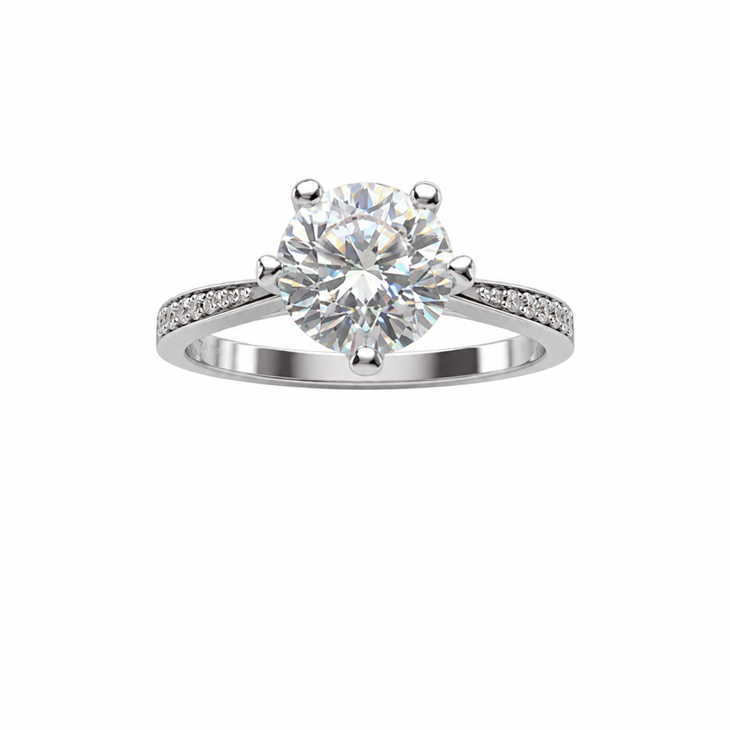Classic Round Cut Moissanite Solitaire Ring with Pavé Band