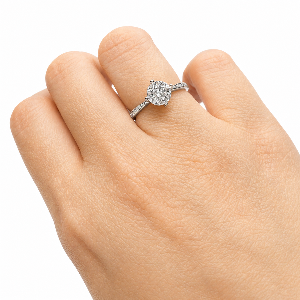 Classic Round Cut Moissanite Solitaire Ring with Pavé Band