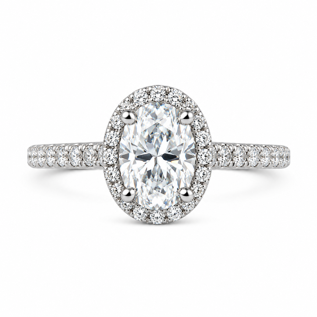 1CT Oval-cut Moissanite Halo Pavé Band ring