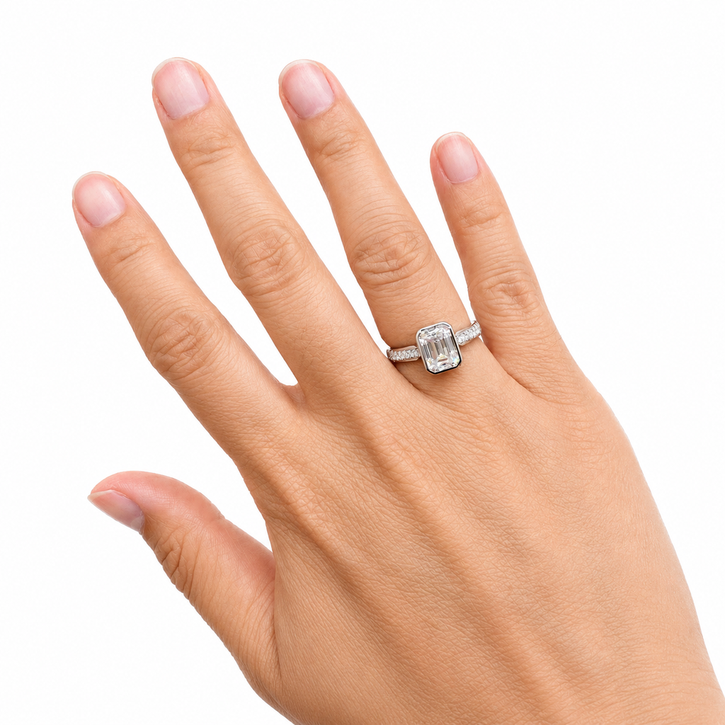 Emerald Cut  Bezel Moissanite Engagement ring S925  Sterling silver